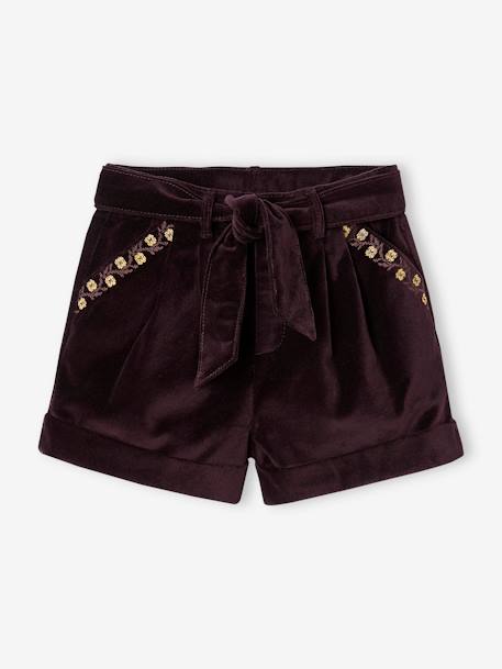 Fancy Shorts in Plain Velour, for Girls aubergine+navy blue+red - vertbaudet enfant 
