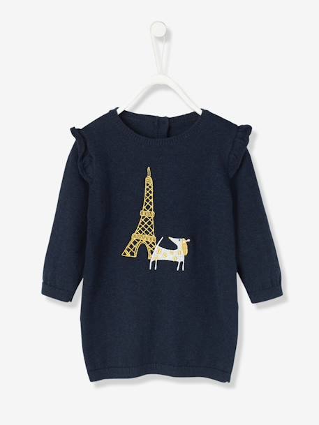 Baby Knitted Dress with Dog Embroidery Dark Blue - vertbaudet enfant 