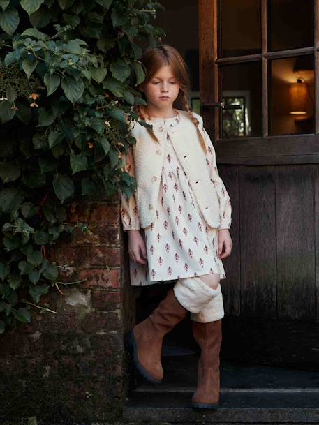 Printed Velour Dress with Ruffles for Girls rose beige - vertbaudet enfant 
