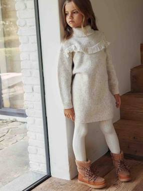 Girls-Knitted Dress Embellished with Fringes for Girls