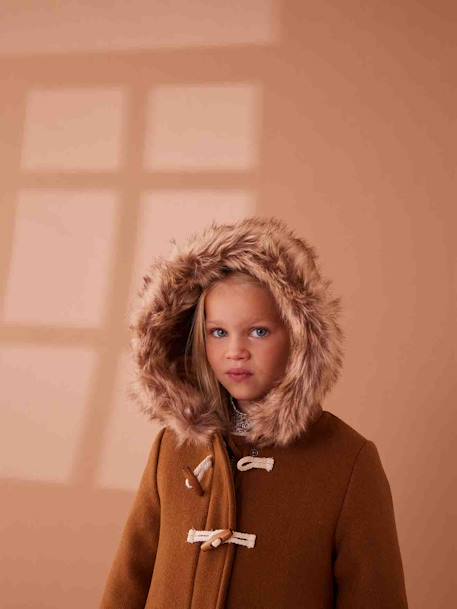 Duffle-coat à capuche en drap de laine fille fermeture par brandebourgs camel+encre - vertbaudet enfant 