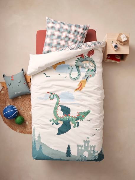 Duvet Cover + Pillowcase Set, Dragons printed white - vertbaudet enfant 
