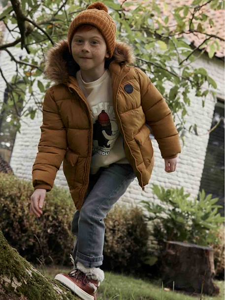 Hooded Jacket Lined in Polar Fleece, with Gloves, for Boys - brown medium  solid with design