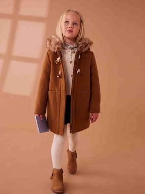 -Hooded Duffel Coat with Toggles, in Woollen Fabric, for Girls