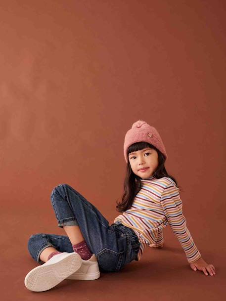 Ensemble fille en maille côtelée bonnet + écharpe + moufles/mitaines beige chiné+vieux rose - vertbaudet enfant 