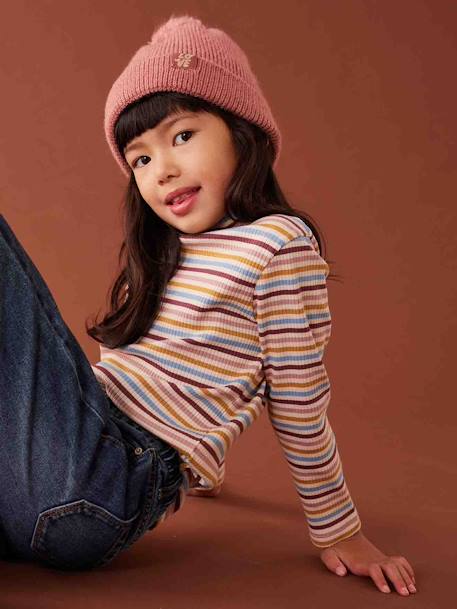 Ensemble fille en maille côtelée bonnet + écharpe + moufles/mitaines beige chiné+vieux rose - vertbaudet enfant 