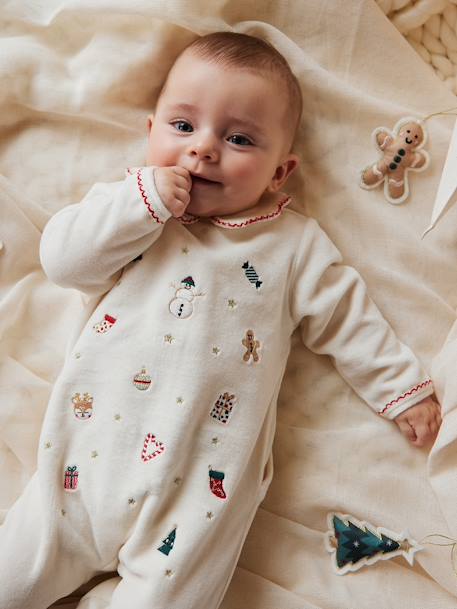 Vertbaudet Embroidered Christmas Velour Sleepsuit for Babies Ecru