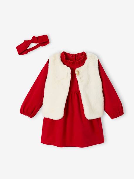 Christmas Special Ensemble: Dress, Faux Fur Waistcoat, Tights and Matching Headband for Girls red - vertbaudet enfant 