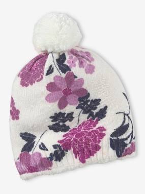 -Fine Knit Beanie with Flower Print for Girls