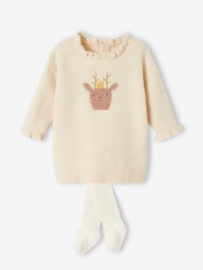 Baby-Outfits-Christmas Special Ensemble: Knitted Dress with Reindeer Motif + Tights for Babies