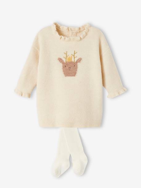 Christmas Special Ensemble: Knitted Dress with Reindeer Motif + Tights for Babies ecru - vertbaudet enfant 