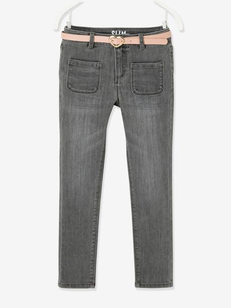 Indestructible Jeans & Fancy Belt, for Girls Light Grey+stone - vertbaudet enfant 