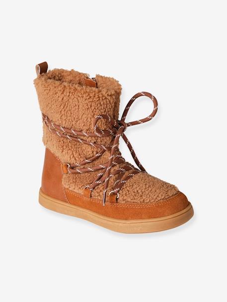 High Top Leather & Plush Trainer Boots  for Girls brown - vertbaudet enfant 