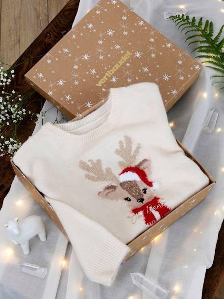 Christmas Gift Box with Jacquard Knit Reindeer Jumper + 2 Scrunchies for Girls ecru - vertbaudet enfant 