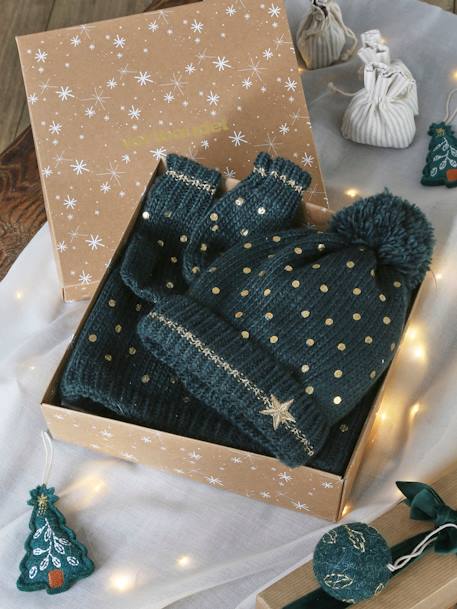 Christmas Gift Box: 'Star' Set with Beanie + Snood + Gloves for Girls green - vertbaudet enfant 