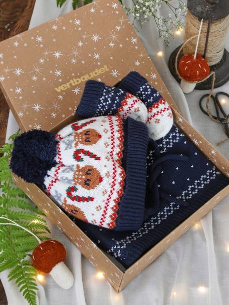 Coffret de Noël Renne bébé garçon ensemble bonnet + snood + moufles -  marine, Bébé