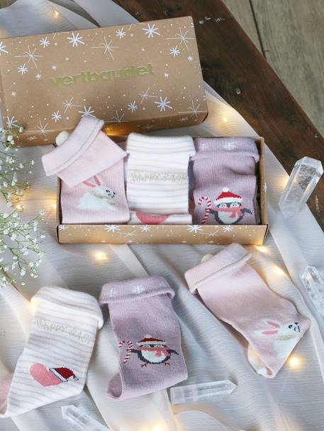 Christmas Gift Box: 3 Pairs of Socks for Baby Girls old rose - vertbaudet enfant 