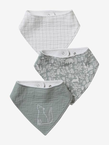 Lot 3 bavoirs bandanas en gaze de coton beige imprimé+BLANC+bleu grisé+cappuccino+écru+lot renard+lot vert panda+rose pâle+vert sauge - vertbaudet enfant 