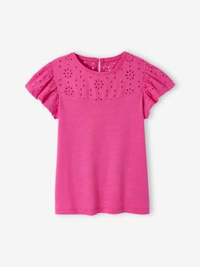Girls-Tops-T-Shirt for Girls, with Broderie Anglaise and Ruffled Sleeves