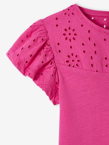 T-Shirt for Girls, with Broderie Anglaise and Ruffled Sleeves BLUE MEDIUM SOLID+coral+fuchsia+Light Green+mauve+White - vertbaudet enfant 