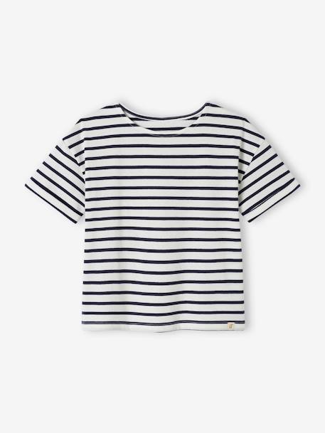 Tee-shirt marinière personnalisable fille manches courtes denim brut+rayé rose - vertbaudet enfant 