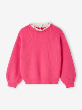 Girls-Cardigans, Jumpers & Sweatshirts-Loose-Fitting Jumper with Fancy Collar for Girls