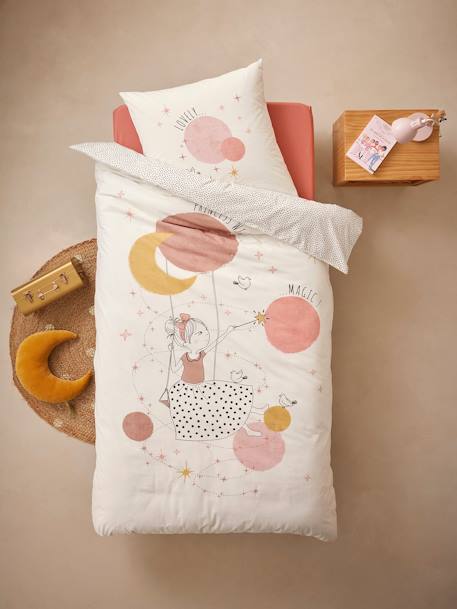 Duvet Cover + Pillowcase Set with Recycled Cotton for Children, Poetry Princess printed white - vertbaudet enfant 