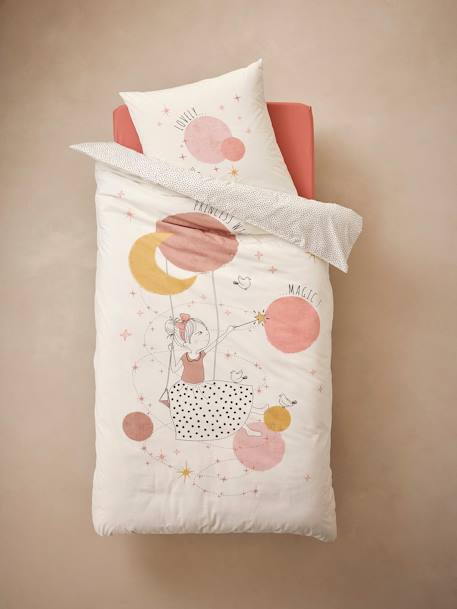 Duvet Cover + Pillowcase Set with Recycled Cotton for Children, Poetry Princess printed white - vertbaudet enfant 