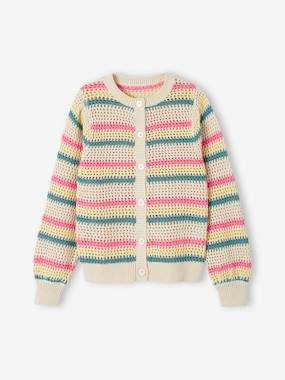 Girls-Cardigans, Jumpers & Sweatshirts-Striped Cardigan in Fancy Knit for Girls