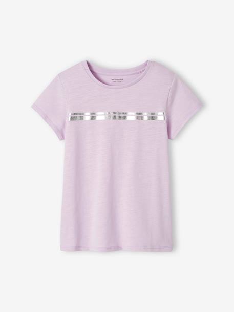 Sports T-Shirt with Iridescent Stripes for Girls lilac+rosy+WHITE LIGHT SOLID WITH DESIGN - vertbaudet enfant 