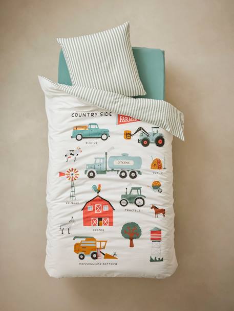 Parure housse de couette et taie d'oreiller avec coton recyclé MOISSON blanc imprimé - vertbaudet enfant 