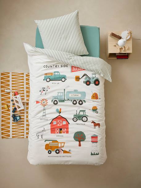 Parure housse de couette et taie d'oreiller avec coton recyclé MOISSON blanc imprimé - vertbaudet enfant 