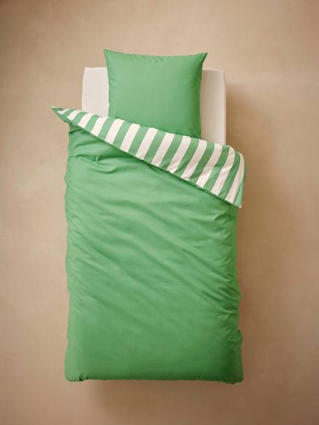 Parure housse de couette et taie d'oreiller avec coton recyclé TRANSAT rayé rose+rayé vert - vertbaudet enfant 