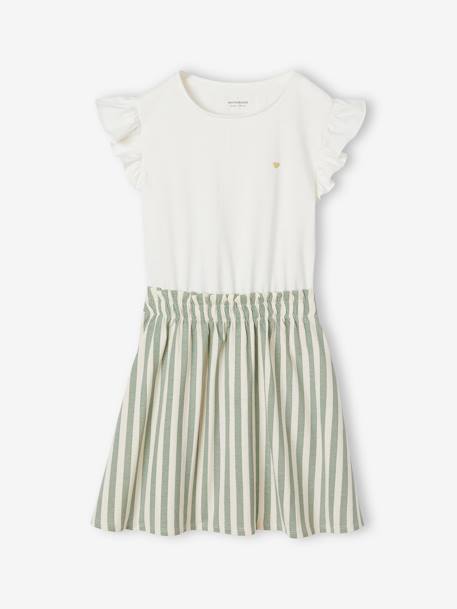 2-in-1-Effect Dress for Girls sky blue+striped green+vanilla - vertbaudet enfant 