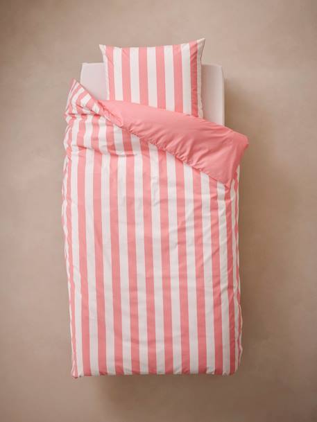 Parure housse de couette et taie d'oreiller avec coton recyclé TRANSAT rayé rose+rayé vert - vertbaudet enfant 