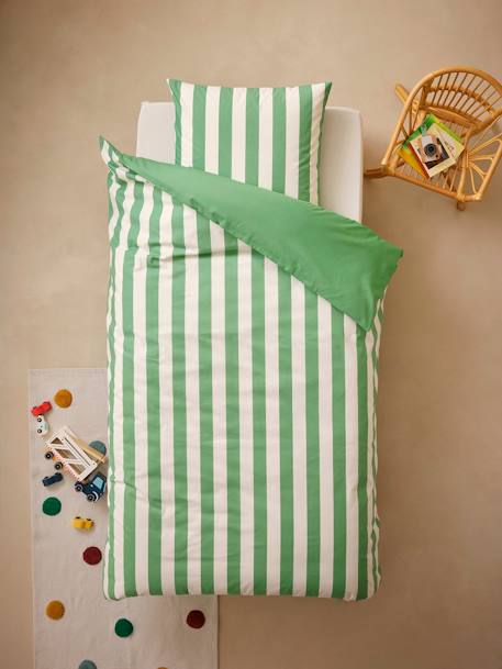 Parure housse de couette et taie d'oreiller avec coton recyclé TRANSAT rayé rose+rayé vert - vertbaudet enfant 