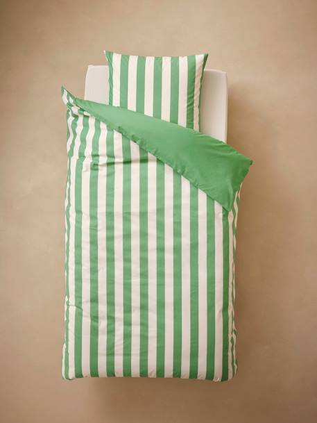 Parure housse de couette et taie d'oreiller avec coton recyclé TRANSAT rayé rose+rayé vert - vertbaudet enfant 