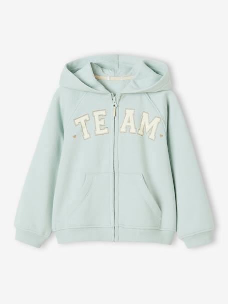 Hooded Jacket with 'Team' Sport Motif for Girls aqua green+green+navy blue - vertbaudet enfant 