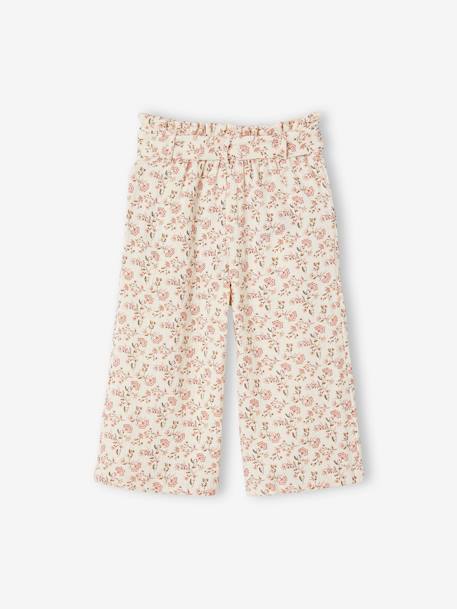 Cropped, Wide Leg Paperbag Trousers in Cotton Gauze for Girls ecru+sage green - vertbaudet enfant 