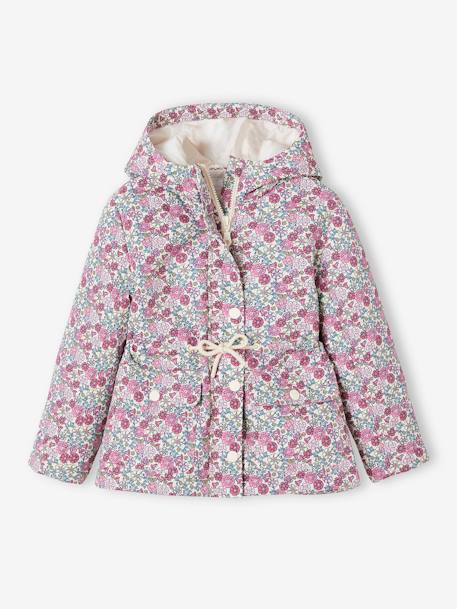 Short Hooded Parka with Flower Motifs for Girls multicoloured - vertbaudet enfant 