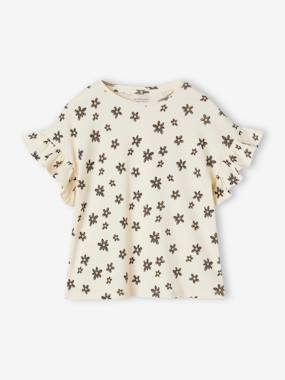 Girls-Tops-Rib Knit T-Shirt, Floral Print, for Girls