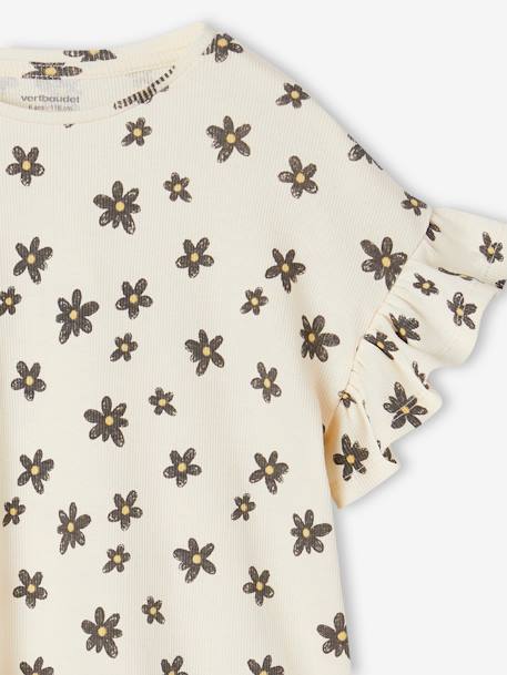 Tee-shirt en côtes imprimé fleurs fille beige+blanc imprimé - vertbaudet enfant 