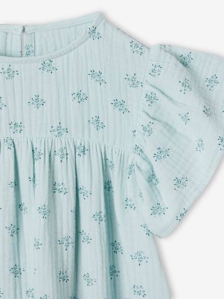 Cotton Gauze Dress with Floral Print, for Girls ecru+grey blue+rose - vertbaudet enfant 
