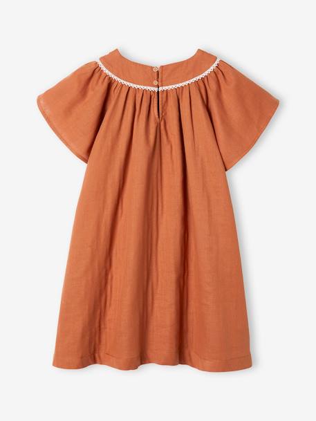 Embroidered Dress in Linen-Effect Fabric for Girls caramel - vertbaudet enfant 