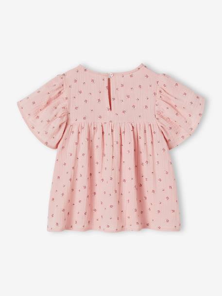 Blouse in Printed Organic Cotton Gauze with Butterfly Sleeves for Girls ecru+rose - vertbaudet enfant 