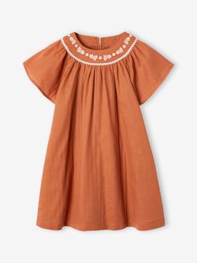 Girls-Dresses-Embroidered Dress in Linen-Effect Fabric for Girls