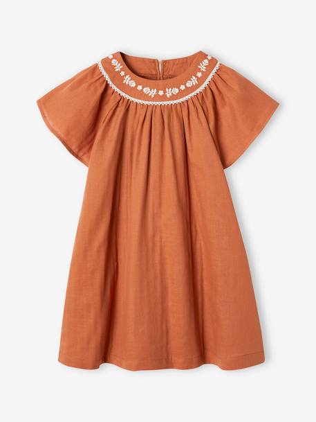 Embroidered Dress in Linen-Effect Fabric for Girls caramel - vertbaudet enfant 