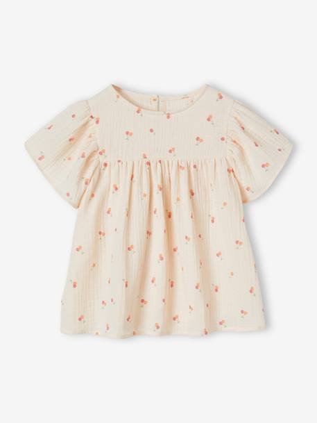 Blouse in Printed Organic Cotton Gauze with Butterfly Sleeves for Girls ecru+rose - vertbaudet enfant 