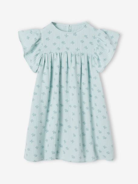 Cotton Gauze Dress with Floral Print, for Girls ecru+grey blue+rose - vertbaudet enfant 