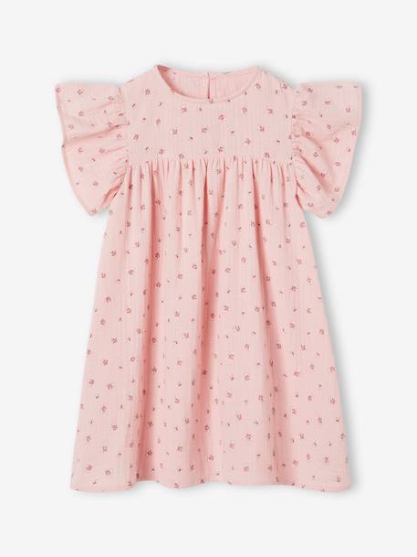 Cotton Gauze Dress with Floral Print, for Girls ecru+rose - vertbaudet enfant 